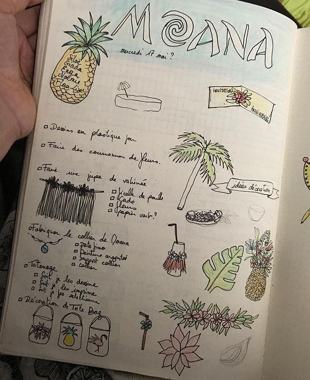 L'anniversaire Moana de Siloë est sur le blog. Et ça, c'est la page de mon bullet journal où je rassemblais mes idées pour la fête. #bulletjournal #ciloudrawings #ciloubidouilledrawing #ciloubidouillebujo