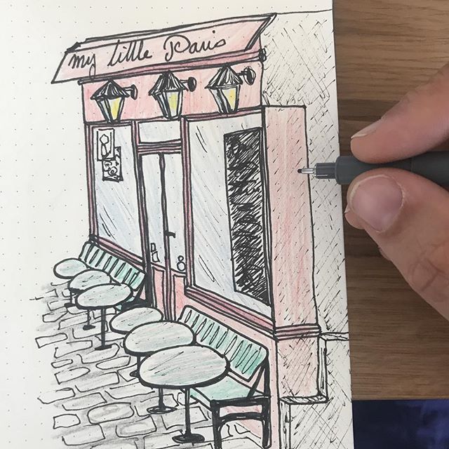 Ouverture de ma page bujo qui rassemblera mes idées de virées parisiennes. J’espères que les boutiques notées seront moins de guingois que celle de mon dessin ^^ ! #ciloudrawings #ciloubidouillebujo #bujo #bulletjournalfr #ciloubidouilledrawing #mylittleparis #drawing #paris #dessin
