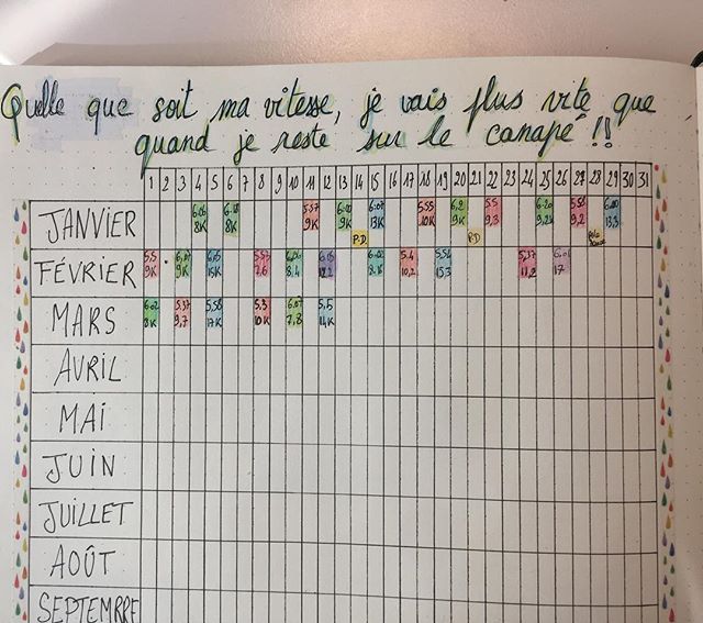 Ca fait des semaines, voire des mois que je cours deux à trois fois par semaine, pour préparer un semi. Et là je viens d'apprendre qu'il est annulé pour des raisons de normes de sécurité. Je sais que ce n'est pas grave, qu'il y a des choses autrement plus importantes dans la vie, mais j'ai quand même le coeur pincé. On a regardé les autres semis du coin, annulés pareil. Je vais le courir dans un coin, mais ce ne sera pas une ambiance de course comme j'en avais envie. Bref, moral chaussette du matin :/ #bujo #running #bulletjournal #ciloubidouillebujo