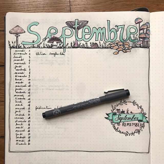 Dans mon bujo pro, la page de septembre est prête. Je voulais dessiner un renard au début car normalement c’est le mois où je vais proposer mes premiers ateliers. Mais bon, envie de gribouiller un peu autre chose aussi :). Alors champignons. Je vous souhaite une belle rentrée, avec de l’énergie et des envies à renvendre !! Profitez de ce dernier we avant le grand saut. Et pour ceux qui n’ont aucune problématique de rentrée à gérer, ben profitez encore plus ^^ ! #bujo #ciloubidouillebujo #bulletjournal #septembre #ciloudrawings #ciloubidouilledrawing