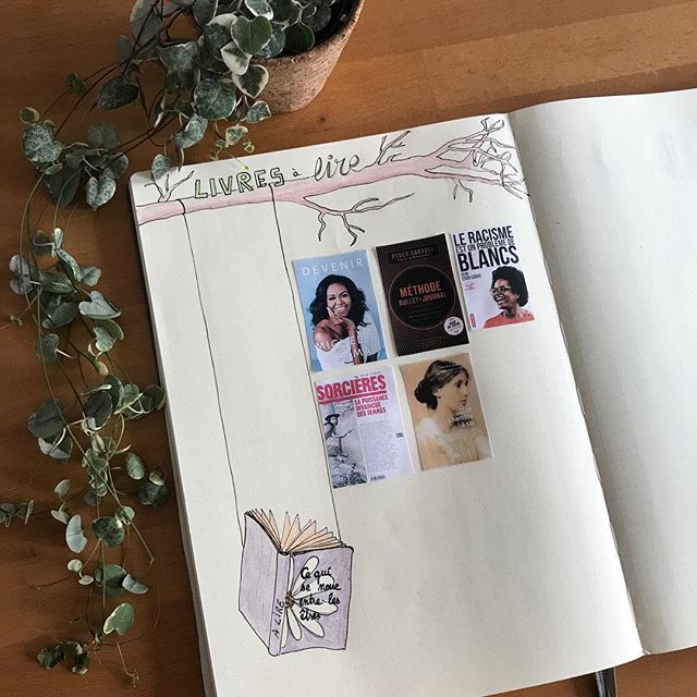 Un virage radical sur l'utilisation de mon temps caché 1 Changement de rythme de vie. Page d'un Bullet journal avec un dessin qui présente plusieurs livres à lire. Il y a une plante au dessus du livre ouvert.