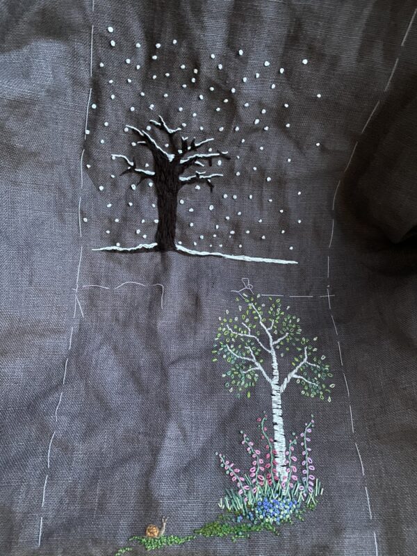 projet de nappe brodée à plusieurs, broderie collaborative