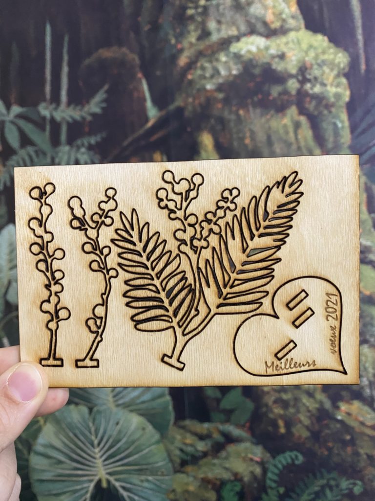 Ma carte vœux en bois offre du mimosa éternel ! 1 carte de voeux en bois brins de mimosa en bois