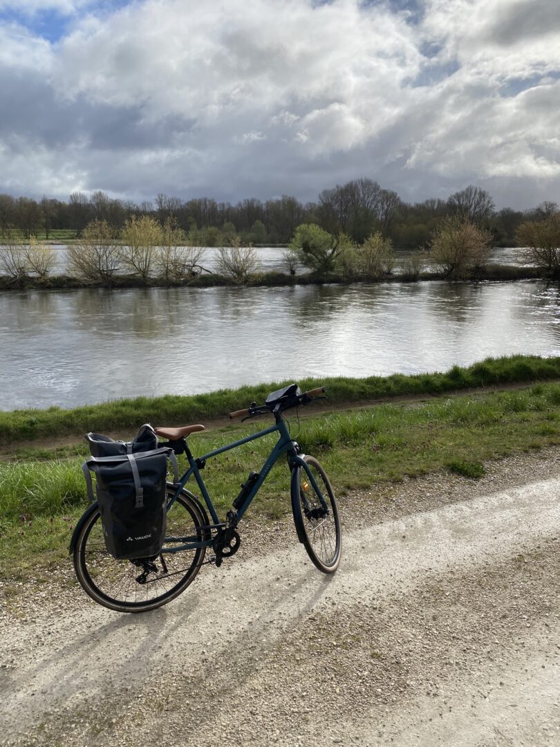 Photo de paysage avec un vélo en bas à gauche. Le vélo est sur un sentier, derrière lui, nous pouvons voir le fleuve de la Loire. Il y a des arbres.