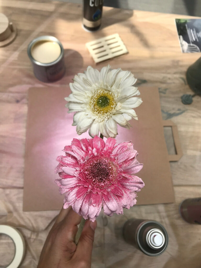 Avant après de fleurs artificielles. En haut, fleur blanche avant peinture. En bas fleur rose après peinture.