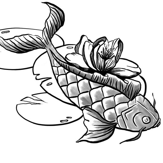 Dessin d'une carpe koi avec des nénuphars autours et une fleurs. Dessin fait par Ciloubidouille